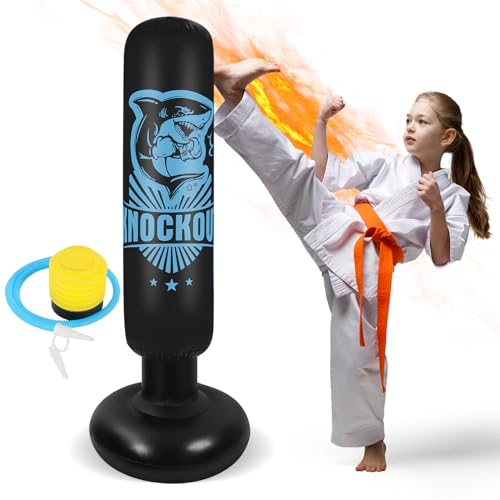 Saco de Boxeo Hinchable de Niños, Saco de Arena Inflable de Pie para Practicar Karate, con Bomba de Aire Incluida, Tumbler Saco de Arena Adultos, para Practicar Taekwondo, Artes Marciales (155CM)