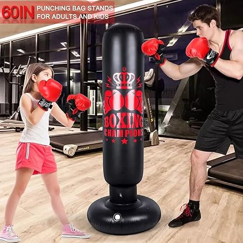 Saco de boxeo para niños, 160 cm de pie, saco de boxeo inflable con guantes de boxeo, bolsa de boxeo para practicar karate Taekwondo