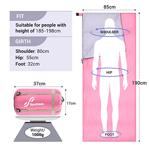 Saco de Dormir Compacto Sportneer el Verano para Clima cálido, Ligero, portátil, Saco de Dormir para Adultos, niños, para Camping, Senderismo, mochilero y al Aire Libre, 15℃~25℃, Rosa