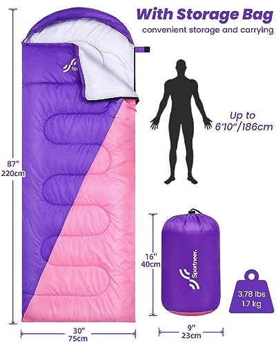 Saco de Dormir para Acampar, Sportneer Bolsa de Dormir con Bolsa de Compresión para Viajes Camping Senderismo Resistente al Agua Ligero y Cálido, Morado + Rosa