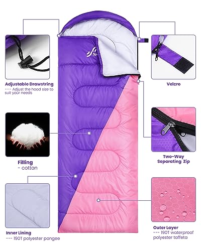 Saco de Dormir para Acampar, Sportneer Bolsa de Dormir con Bolsa de Compresión para Viajes Camping Senderismo Resistente al Agua Ligero y Cálido, Morado + Rosa