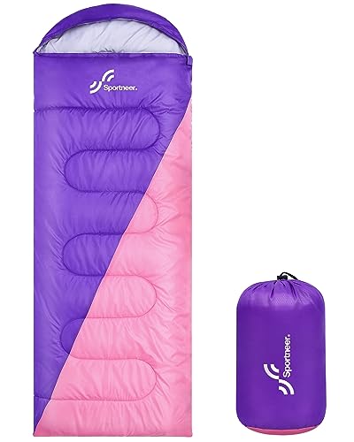 Saco de Dormir para Acampar, Sportneer Bolsa de Dormir con Bolsa de Compresión para Viajes Camping Senderismo Resistente al Agua Ligero y Cálido, Morado + Rosa