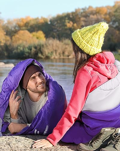 Saco de Dormir para Acampar, Sportneer Bolsa de Dormir con Bolsa de Compresión para Viajes Camping Senderismo Resistente al Agua Ligero y Cálido, Morado + Rosa