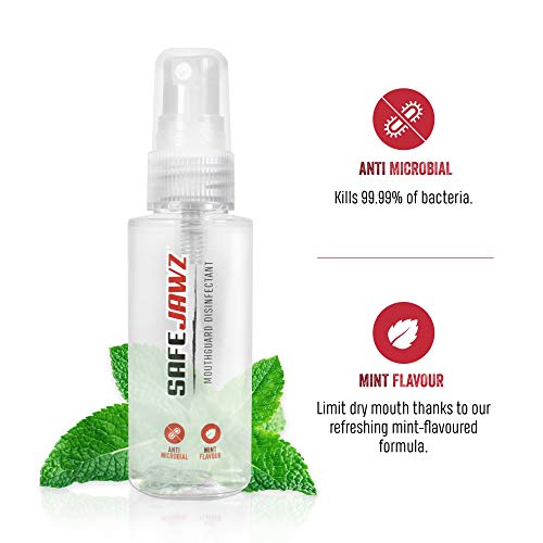 SAFEJAWZ Spray desinfectante para Protectores bucales Limpiador Protector de Goma Antimicrobiano con Sabor a Menta. 50ml.