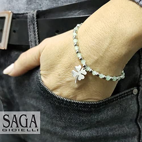 SAGA GIOIELLI® Pulsera de mujer con cristales de trébol de cuatro hojas de acero, Acero inoxidable