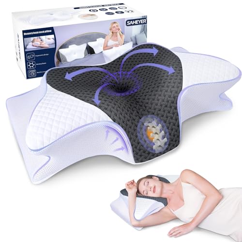 SAHEYER Almohada Cervical Ergonómica, Almohada Ortopédica para Dormir de Lado Almohada de Espuma con Memoria para Apoyar el Cuello Almohada para Dormir de Lado para Aliviar el Dolor, 60x35,5x13/10CM