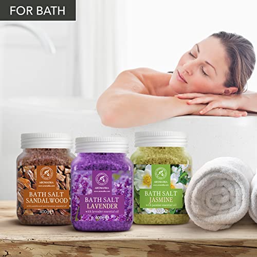 Sales de Baño Set 3x400 g con Aceite 100% Natural Lavender - Sándalo - Jazmín - Mejor para Buen Sueño - Alivio del Estrés - Baño - Cuidado Corporal - Bienestar - Belleza - Relajación - Spa