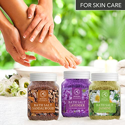 Sales de Baño Set 3x400 g con Aceite 100% Natural Lavender - Sándalo - Jazmín - Mejor para Buen Sueño - Alivio del Estrés - Baño - Cuidado Corporal - Bienestar - Belleza - Relajación - Spa