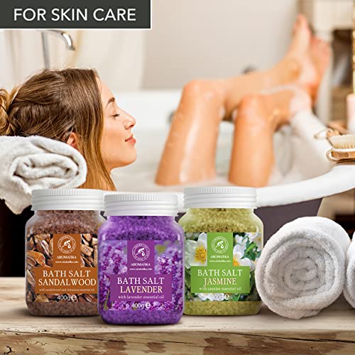 Sales de Baño Set 3x400 g con Aceite 100% Natural Lavender - Sándalo - Jazmín - Mejor para Buen Sueño - Alivio del Estrés - Baño - Cuidado Corporal - Bienestar - Belleza - Relajación - Spa