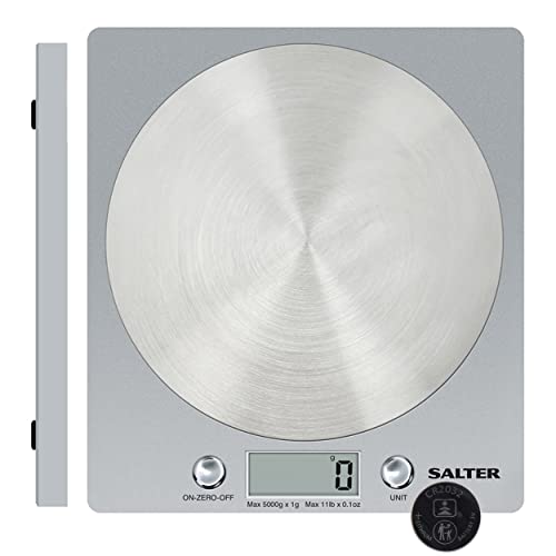 Salter 1036 SVSSDR Bascula de cocina digital fácil limpieza, balanza para cocina con diseño fino plataforma de discos de acero inoxidable, Plateado