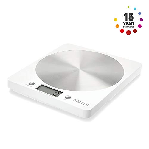 Salter 1036 WHSSDR Bascula de cocina digital, fácil limpieza, balanza para cocina con diseño fino plataforma de discos de acero inoxidable, Blanca