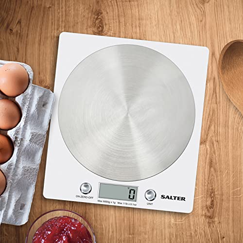 Salter 1036 WHSSDR Bascula de cocina digital, fácil limpieza, balanza para cocina con diseño fino plataforma de discos de acero inoxidable, Blanca