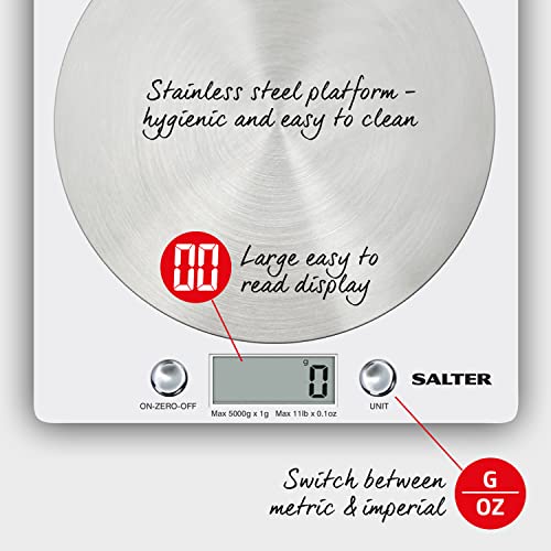 Salter 1036 WHSSDR Bascula de cocina digital, fácil limpieza, balanza para cocina con diseño fino plataforma de discos de acero inoxidable, Blanca