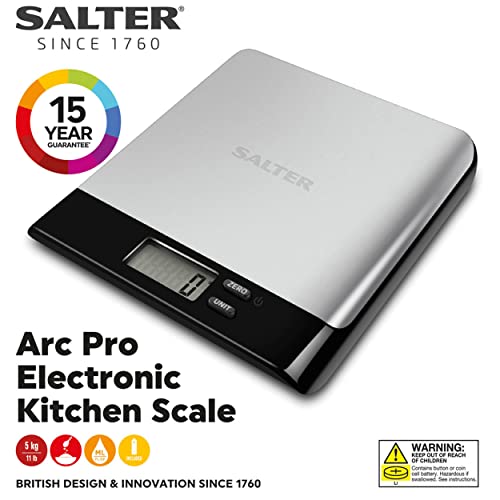 Salter 1052A SSBKDR bascula de cocina digital, precision, Pesaje electrónico de alimentos, aparato con báscula de cocina de diseño fino, pantalla LCD, compacto, recargable, Acero inoxidable