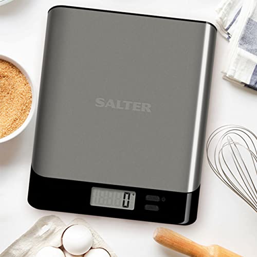 Salter 1052A SSBKDR bascula de cocina digital, precision, Pesaje electrónico de alimentos, aparato con báscula de cocina de diseño fino, pantalla LCD, compacto, recargable, Acero inoxidable