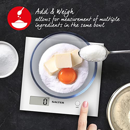 Salter 1066 WHDR15 Báscula De Cocina Digital, Pantalla LCD, Diseño Fino, Función ‘Añadir Y Pesar’, Fácil De Limpiar, Medir Alimentos Para Hornear Y Cocinar, Capacidad De 3 kg, Plástico, Blanco