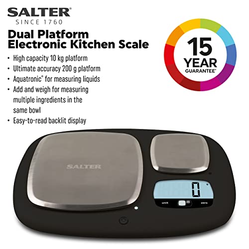 Salter 1084 BKDR Básculas de cocina, digital, precision, doble plataforma, balanza electrónicas, Gran capacidad 10kg y pequeña capacidad precisa 200g, métrico/imperial, negro