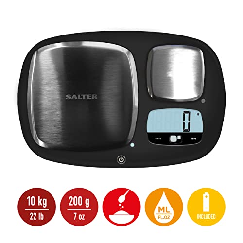 Salter 1084 BKDR Básculas de cocina, digital, precision, doble plataforma, balanza electrónicas, Gran capacidad 10kg y pequeña capacidad precisa 200g, métrico/imperial, negro