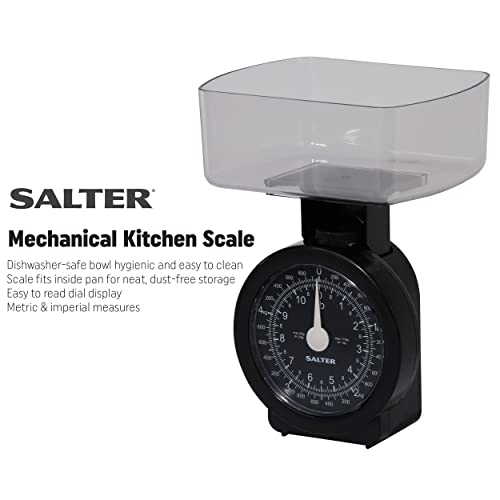 Salter 114 BKCLDR Báscula Mecánica Análoga Para Alimentos Con Recipiente Compacto, Con Capacidad Max. 5 kg, Capacidad 5kg, Fácil De Leer, Con Diseño Que Ahorra Espacio, Sin Pilas, Negro