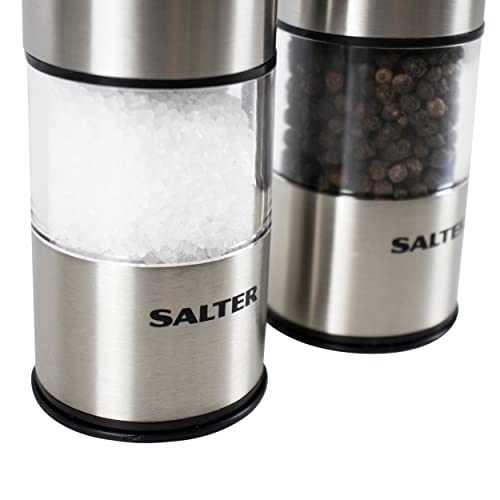 Salter ‎7522 SSTUR15 Juego De Molinillo De Sal y Pimienta Eléctrico, De Acero Inoxidable Y Con Mecanismo De Cerámica, Incluyen Luzes En La Base, Rellena Fácilmente, Con Diseño Elegante Plateado