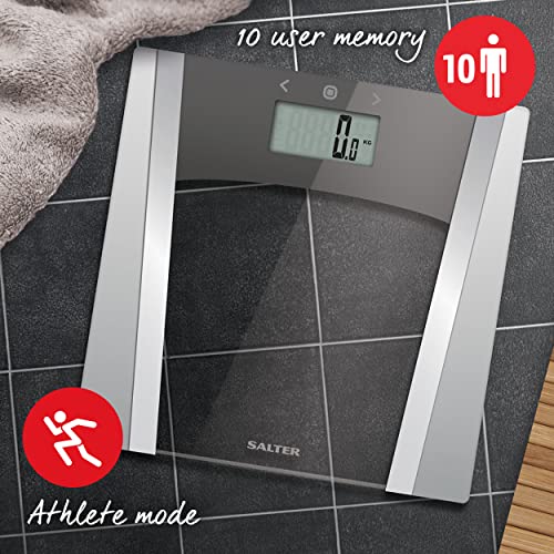 Salter 9127 SVSV3R Báscula Analizadora De Vidrio Con Pantalla Grande, Mide El Peso, Grasa, Agua Corporal, Masa ósea, IMC y TMB, Memoriza 10 Usarios, Incluye Modo Atleta, Con Capacidad De Hasta 180 kg