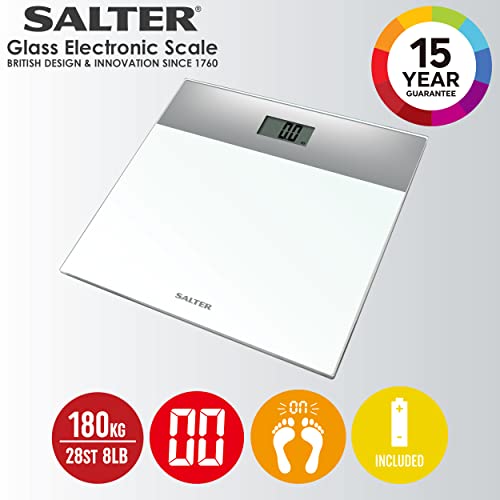 Salter 9206 SVWH3R Báscula Electrónica De Vidrio, Capacidad Máxima De 180 kg, Plataforma De Vidrio Templado, Pantalla LCD Fácil De Leer, Activación Al Subirse, Pilas Incluidas, Plateada/Blanca