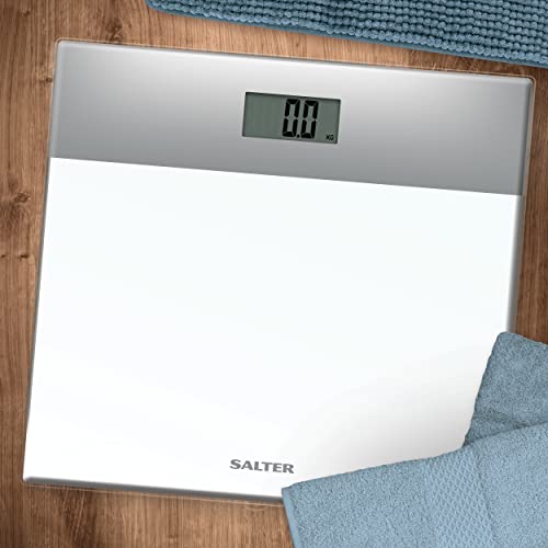 Salter 9206 SVWH3R Báscula Electrónica De Vidrio, Capacidad Máxima De 180 kg, Plataforma De Vidrio Templado, Pantalla LCD Fácil De Leer, Activación Al Subirse, Pilas Incluidas, Plateada/Blanca