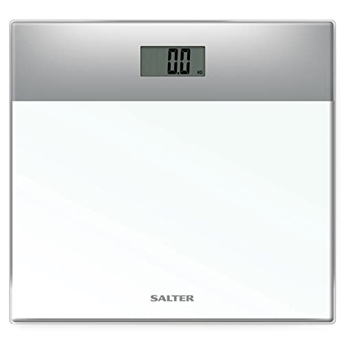 Salter 9206 SVWH3R Báscula Electrónica De Vidrio, Capacidad Máxima De 180 kg, Plataforma De Vidrio Templado, Pantalla LCD Fácil De Leer, Activación Al Subirse, Pilas Incluidas, Plateada/Blanca