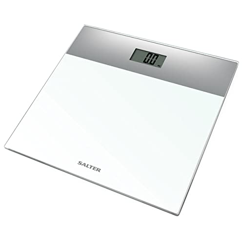 Salter 9206 SVWH3R Báscula Electrónica De Vidrio, Capacidad Máxima De 180 kg, Plataforma De Vidrio Templado, Pantalla LCD Fácil De Leer, Activación Al Subirse, Pilas Incluidas, Plateada/Blanca