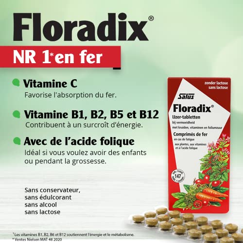 Salus - Floradix Suplemento de Hierro - 84 Comprimidos - Reduce el Cansancio y la Fatiga - Contiene Hierro Orgánico, Ácido Fólico y Vitaminas B1, B2, B5, B12 y C - Combate la Anemia