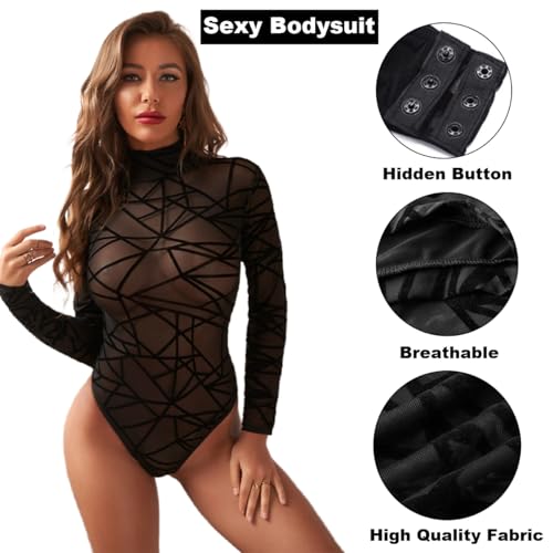 SamHeng Body Negro de Manga Larga para Mujer Ropa de Club de Malla Transparente Cuello Alto Elástico Transparente Mono Ajustado Top de Leotardo, XL