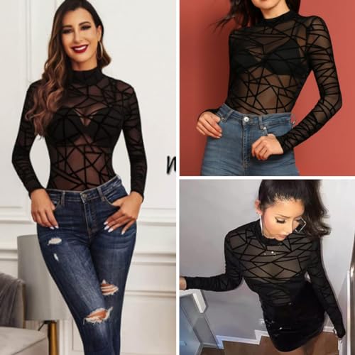 SamHeng Body Negro de Manga Larga para Mujer Ropa de Club de Malla Transparente Cuello Alto Elástico Transparente Mono Ajustado Top de Leotardo, XL