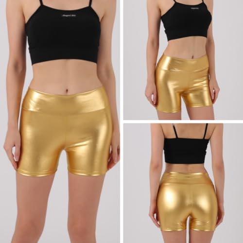 SamHeng Cortos metálicos brillantes para mujer pantalones de cuero PU pantalones cortos de cintura alta aspecto húmedo baile Rave pantalones calientes ropa de calle para fiesta y discoteca(Oro/M)