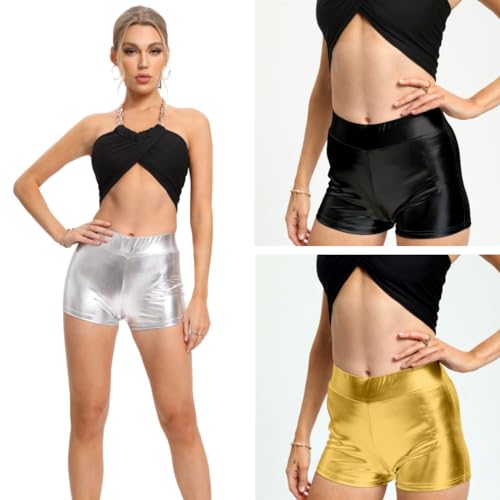 SamHeng Cortos metálicos brillantes para mujer pantalones de cuero PU pantalones cortos de cintura alta aspecto húmedo baile Rave pantalones calientes ropa de calle para fiesta y discoteca(Oro/M)