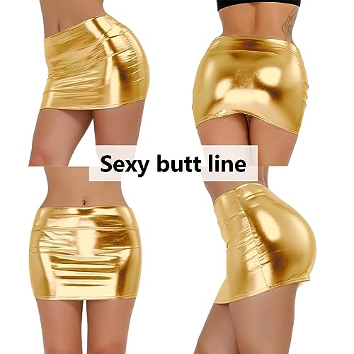 SamHeng Sexy Mujer Falda Corta Metálica de Cuero Elástico Bodycon Falda Lápiz de Discoteca Club Mini Falda Brillante de Danza Clubwear, Dorado