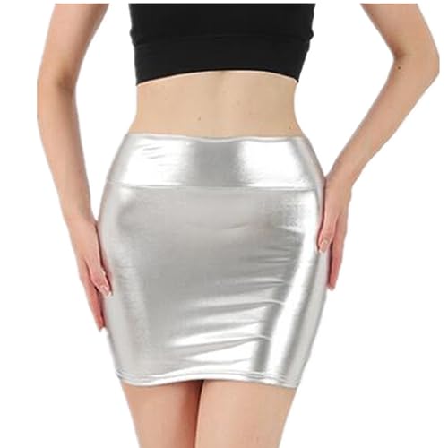 SamHeng Sexy Mujer Falda Corta Metálica de Cuero Elástico Bodycon Falda Lápiz de Discoteca Club Mini Falda Brillante de Danza Clubwear, Plateado