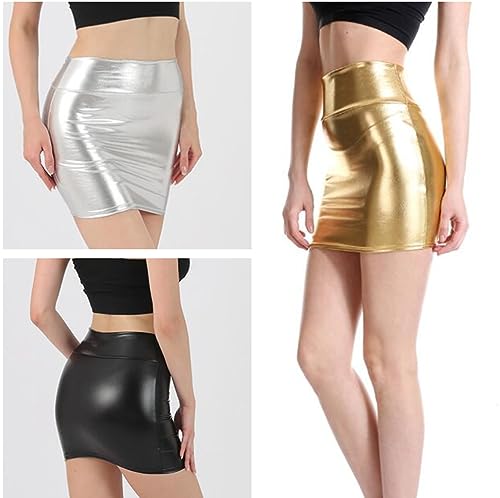 SamHeng Sexy Mujer Falda Corta Metálica de Cuero Elástico Bodycon Falda Lápiz de Discoteca Club Mini Falda Brillante de Danza Clubwear, Plateado