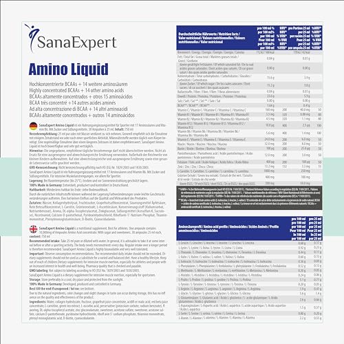 SanaExpert Amino Liquid | INTEGRADOR DE AMINOÁCIDOS PARA ATLETAS | BCAA, Vitamina B6, viales de 25 ml.