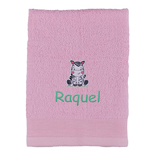 SAQUITOMAGICO Toallas Bordadas Personalizadas con tu Nombre con Divertidos Animales.Toallas Colegio.Toallas Infantiles para guarderia (Rosa)