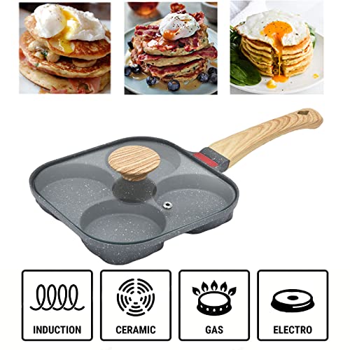 Sarten Huevo Frito y tortitas con Tapa y 4 Tazas Antiadherente con Tapa Sarten para Tortilla de Aluminio Olla para Desayuno Dividida, para estufa de gas y utensilios de cocina de inducción