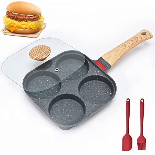 Sarten Huevo Frito y tortitas con Tapa y 4 Tazas Antiadherente con Tapa Sarten para Tortilla de Aluminio Olla para Desayuno Dividida, para estufa de gas y utensilios de cocina de inducción