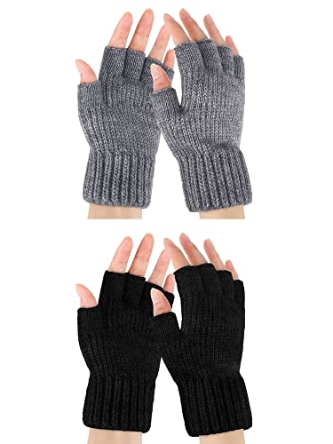 SATINIOR 2 Pares Guantes de Punto Térmicos sin Dedos Mitones Cálidos de Medios Dedos para Invierno Hombre (Negro, Gris Claro)