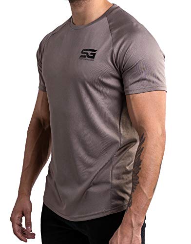 Satire Gym - Camiseta Deportiva Ajustada para Hombre/Camiseta Deportiva Estrecha y de Secado rápido, Camiseta Transpirable/Apta como Camiseta de Fitness y Culturismo.(Caqui, L)