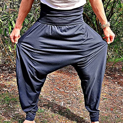 SAVARI | Pantalón Harem Turco | De Algodón Reciclado | Pantalones Bombachos Cagados | Anchos | Hippies| Sin Bolsillos | Mujer y Hombre | Unisex| Para Yoga y Thai Chi | Comodos| Color Negro | Talla XXL