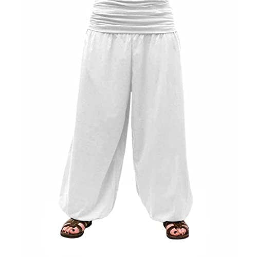 SAVARI | Pantalones Bombachos con Cintura Fruncida y Goma Elástica | Anchos | Algodón Reciclado | Pantalón Ideal para Casa, Yoga y Meditacion | Hombre y Mujer | Unisex | Lisos | Blanco | Talla M