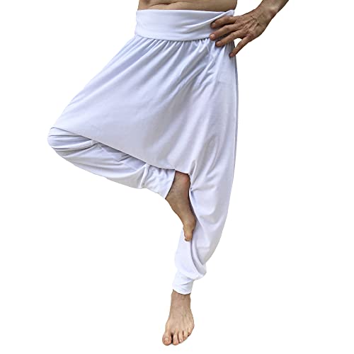 SAVARI | Pantalones Harem | Modelo Relax | Primavera y Otoño | con Bolsillos | Tiro Bajo | Cintura y Piernas Anchas | Pantalón para Casa, Yoga, Pilates y Fitness | Mujer y Hombre | Blanco | Talla M