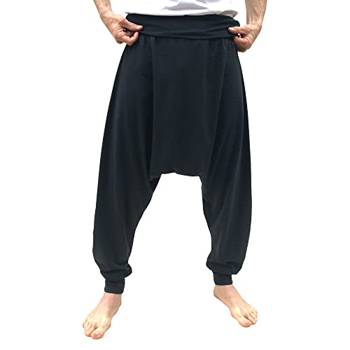 SAVARI | Pantalones Harem Sin Bolsillos | Étnico | Comodos | Pantalón Ideal para Yoga, Pilates y Danza | Unisex | Tiro Bajo y Cintura Ancha | Lisos | Tallas Grandes Disponibles | Negro | Talla M