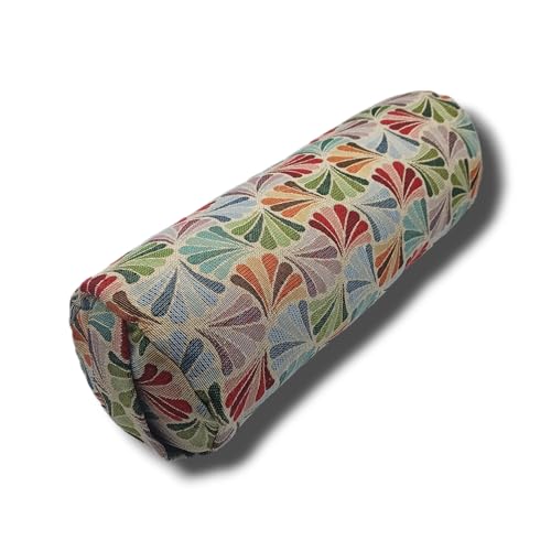 SAVASANAS - Mini bolster cilíndrico "Abanicos" 40x14cm, ideal para apoyar cervicales, rodillas, hombros o como asiento de yoga - Funda lavable - Relleno de cáscara espelta - Asa de transporte