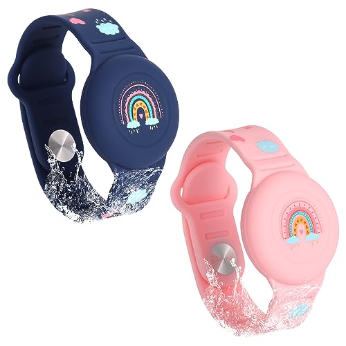 SAVITA 2uds Pulsera Niños para AirTag, Patrón de Arco Iris Bohemio Pulsera GPS Niños de Airtag Pulsera de Airtag Silicona Funda para Ocultar el Rastreador GPS(Azul Medianoche, Rosa)