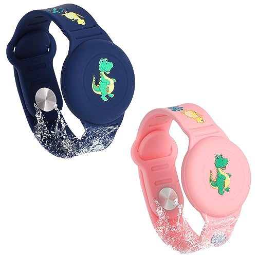 SAVITA 2uds Pulsera Niños para AirTag, Patrón de Dibujos Animados de Dinosaurios Pulsera GPS Niños de Airtag Pulsera de Airtag Silicona Funda para Ocultar el Rastreador GPS(Azul Medianoche, Rosa)